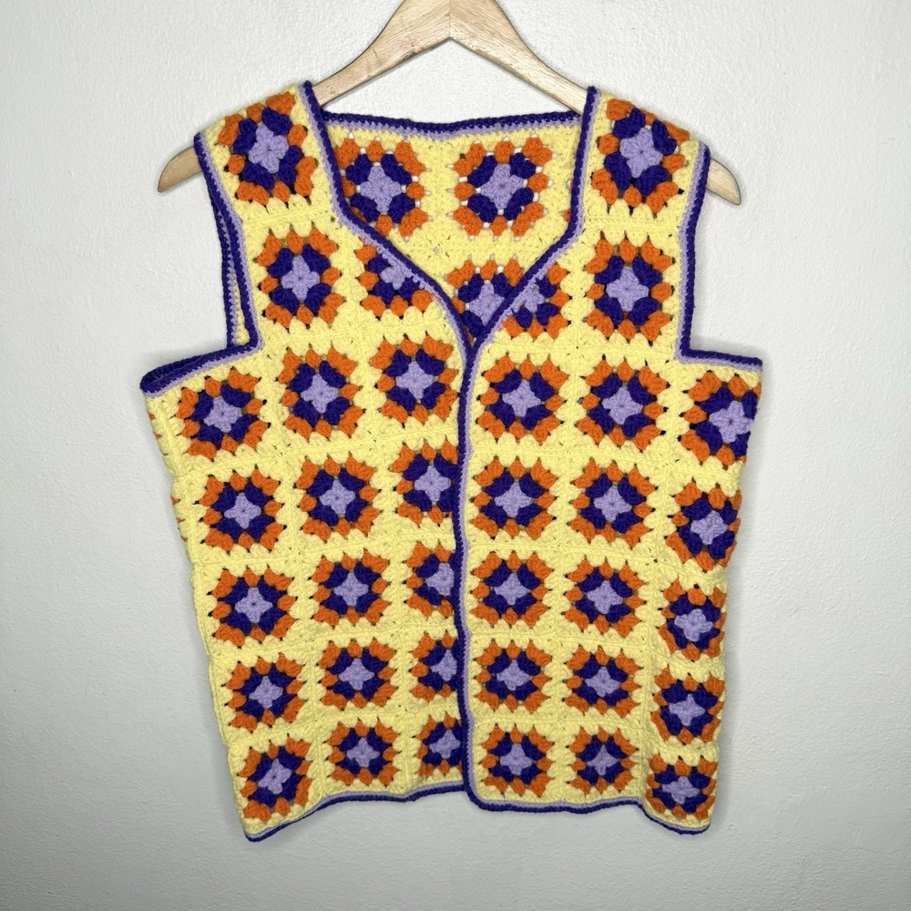 Handmade Granny Square Vest Yellow Purple Boxy Cottagecore Colorful Eclectic
